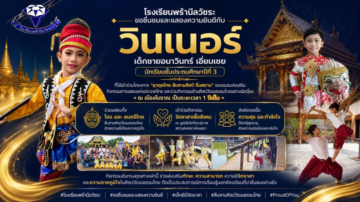 “วินเนอร์” เด็กชายอนาวินทร์ เอี่ยมเชย  ได้เข้าร่วมโครงการ “ยุวทูตไทย สืบสานศิลป์ ถิ่นสยาม” ของชมรมส่งเสริมกิจกรรมการแสดงแห่งประเทศไทย - โรงเรียนพร้านีลวัชระ
