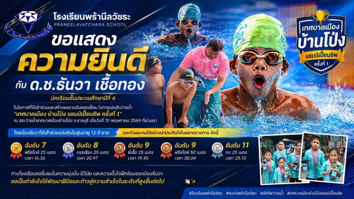 ยินดีกับ ด.ช.ธันวา เชื้อทอง ในโอกาสเข้าร่วมและสร้างผลงานด้านกีฬาว่ายน้ำ "เทศบาลเมือง บ้านโป่ง แชมป์เปี้ยนชิพ ครั้งที่ 1"  - โรงเรียนพร้านีลวัชระ