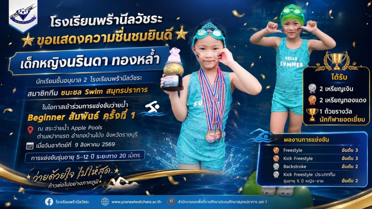 เด็กหญิงนรินดา ทองหล่ำ คว้ารางวัลการแข่งขันว่ายน้ำ Beginner สัมพันธ์ ครั้งที่ 1 - โรงเรียนพร้านีลวัชระ